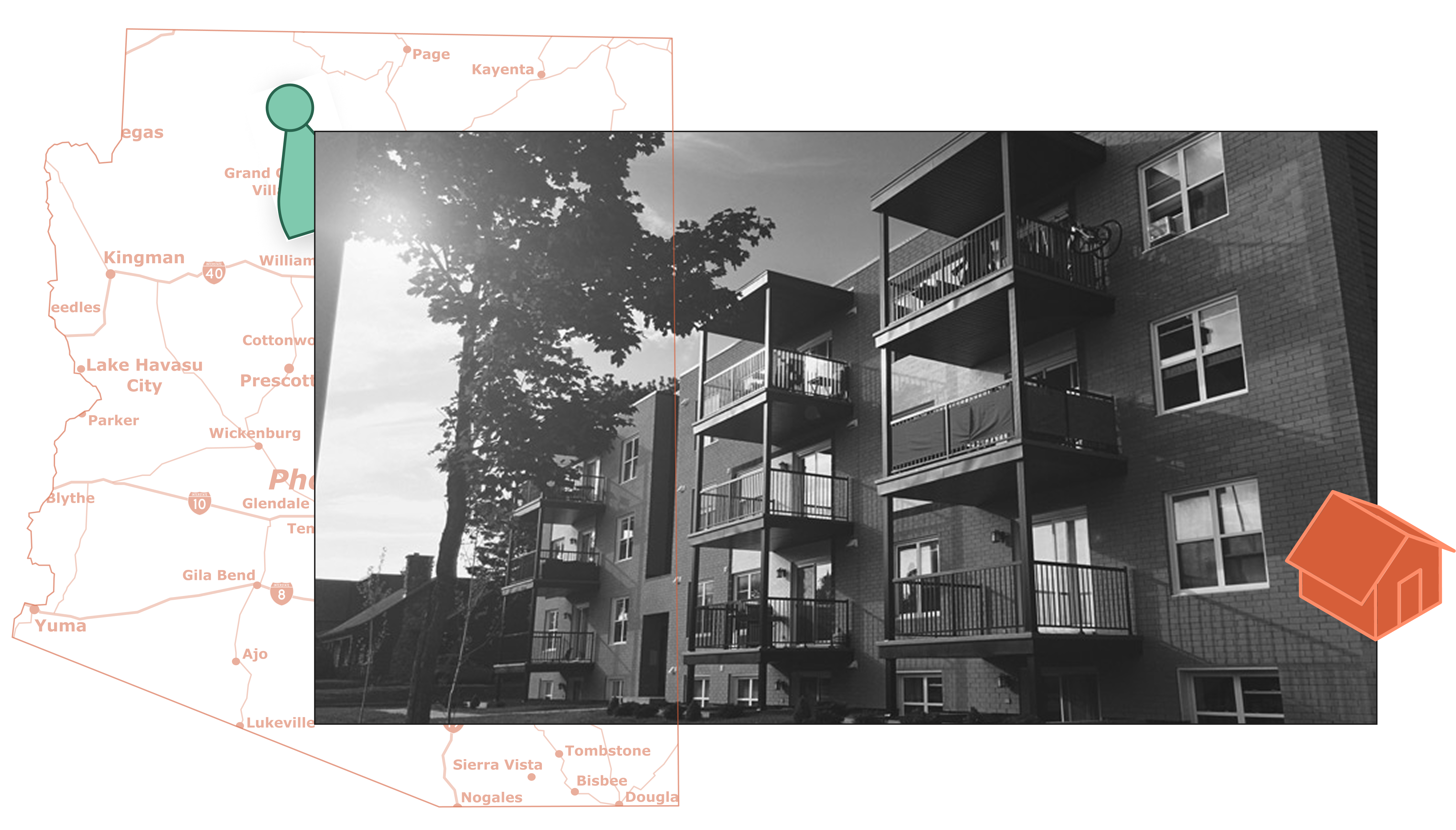 A graphic with a map of Arizona, overlayed with a mid-rise apartment building